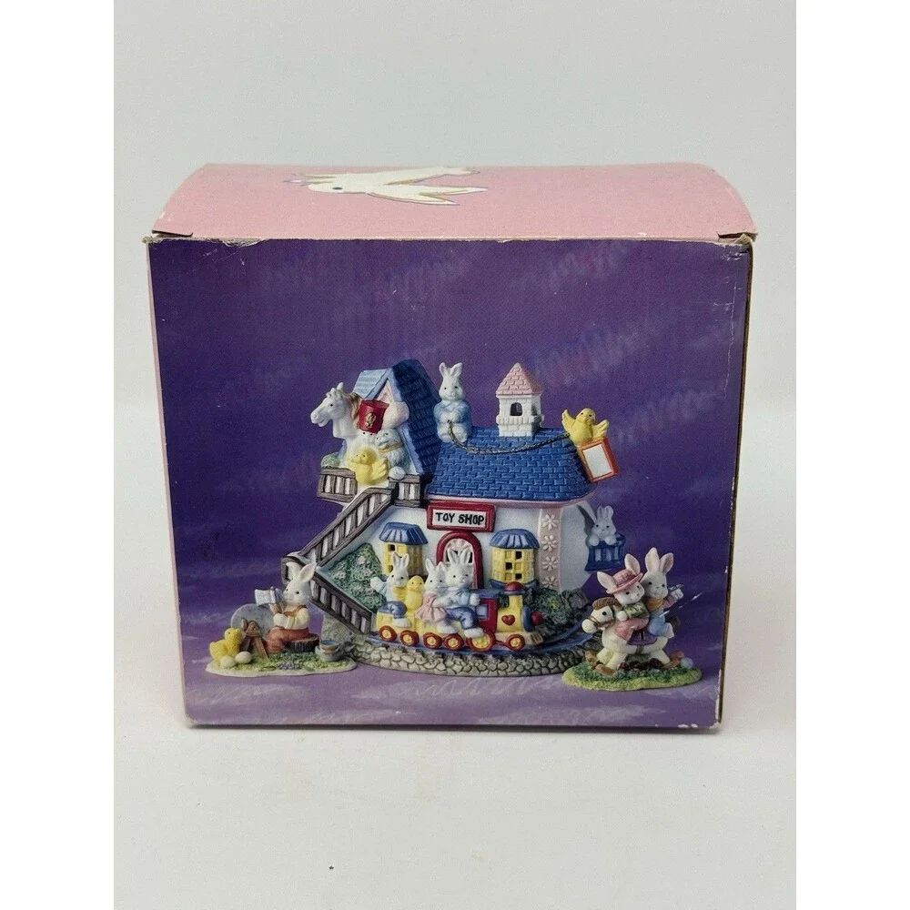 Porcelain Bunny Towne Toy Shop Easter Village Figurines Vintage 3-Piece Set